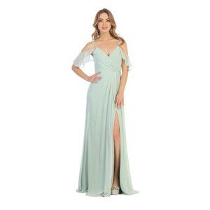 Sage Evening Long V-Neckline Cold Shoulder A-Line Dress By May Queen MQ1732